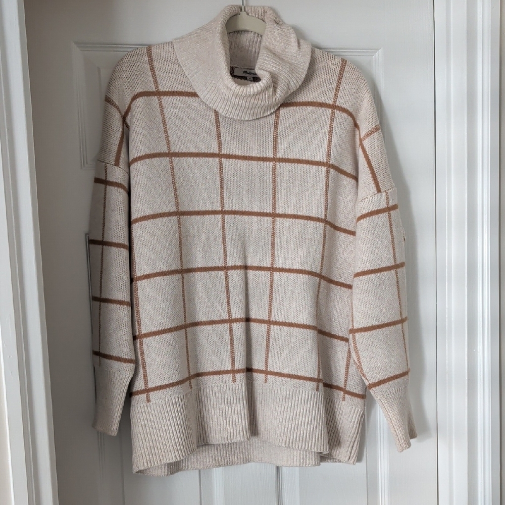 Madewell Cream Windowpane Turtleneck Sweater with Brown Grid